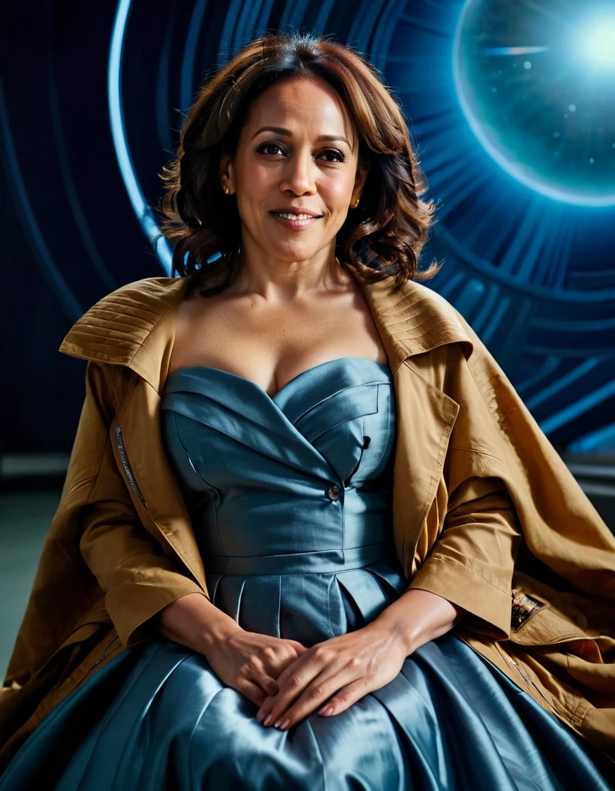 Insatiable Skirt lover and kind, shy woman Kamala Harris has Intense Orgasming love for her skirt, sitting and wearing (long pleated full circle skirt), uniform jacket and strapless low pump office shoes, (pronounced (feminine) features), (very windy), skirt is flowing wildly in the wind, inside a spaceship travelling through deep space, very, very intricate hyper-detailed symmetric (attractive graceful young feminine face) with (sad, tired eyes and a loving smile), very voluptuous breasts, full of empathy and compassion and love, (pronounced (feminine) features), (highly detailed ultra accurate realistic) hands and fingers, (windy), epic composition, highly detailed attributes, (35mm f1.4 Kodak portra 400 photograph), extremely high quality RAW photograph, highly detailed atmosphere, sci-fi, cinematic shot, dynamic lighting, 75mm, Technicolor, Panavision, cinemascope, sharp focus, fine details, 8k, HDR, realism, realistic, key visual, film still, superb cinematic color grading, depth of field