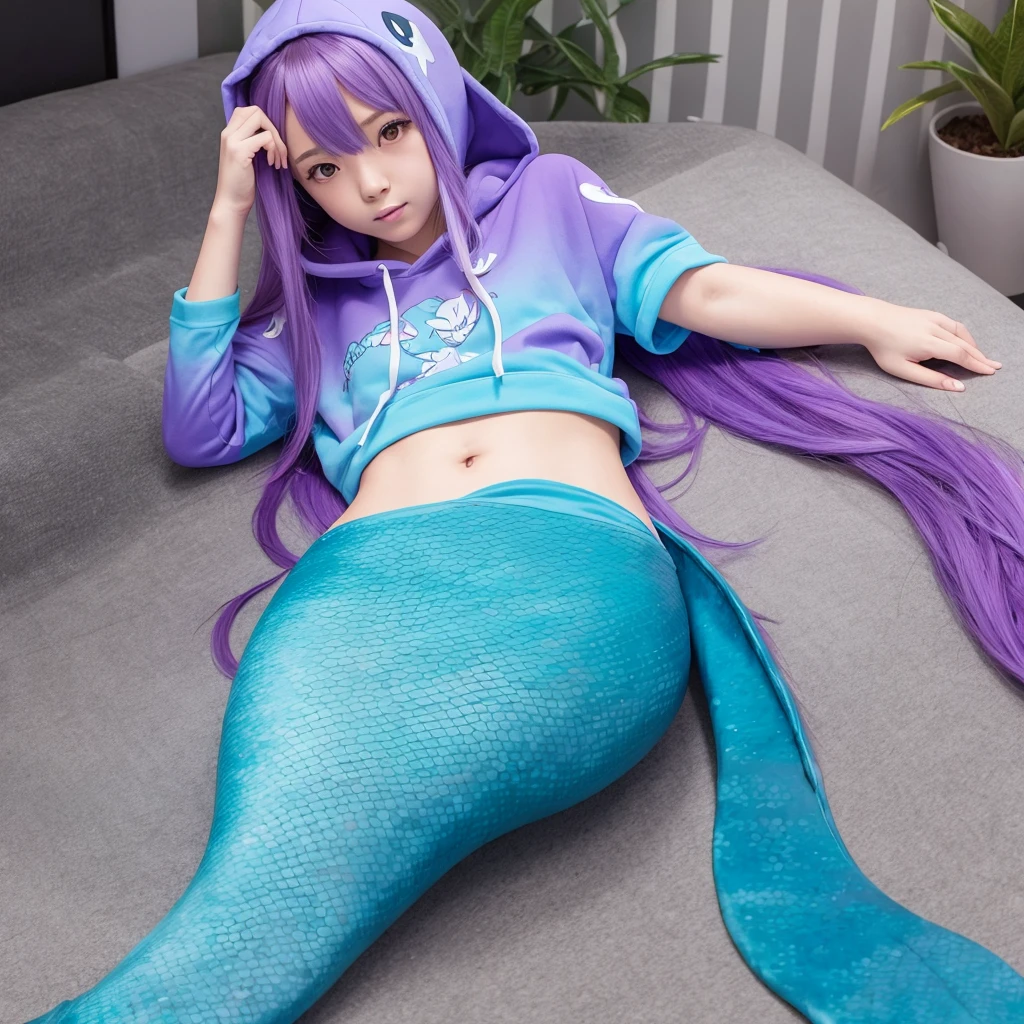 anime　mermaid　hoodie　Lying down with purple hair　Blue Tail