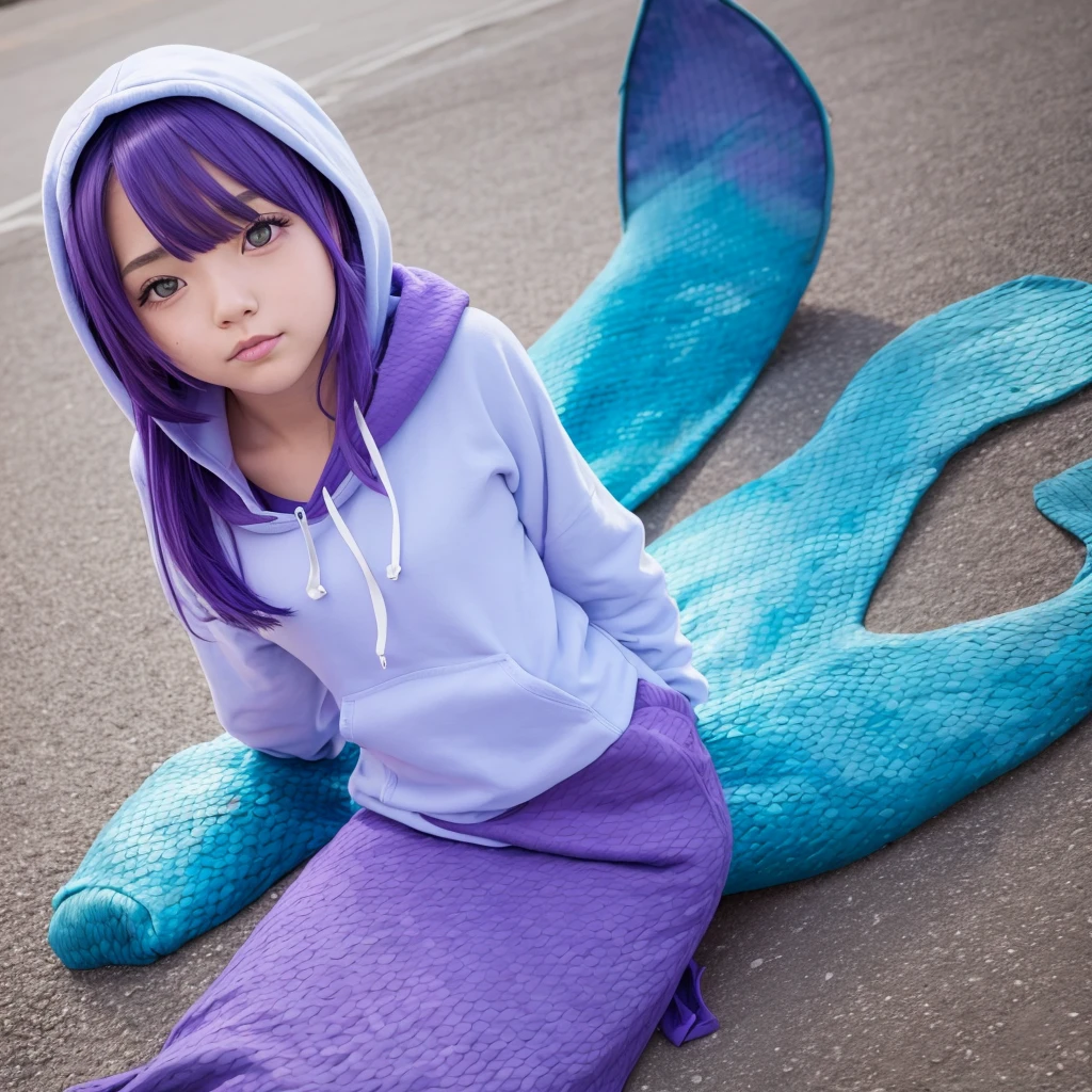 anime mermaid hoodie Lying down with purple hair Blue Tail