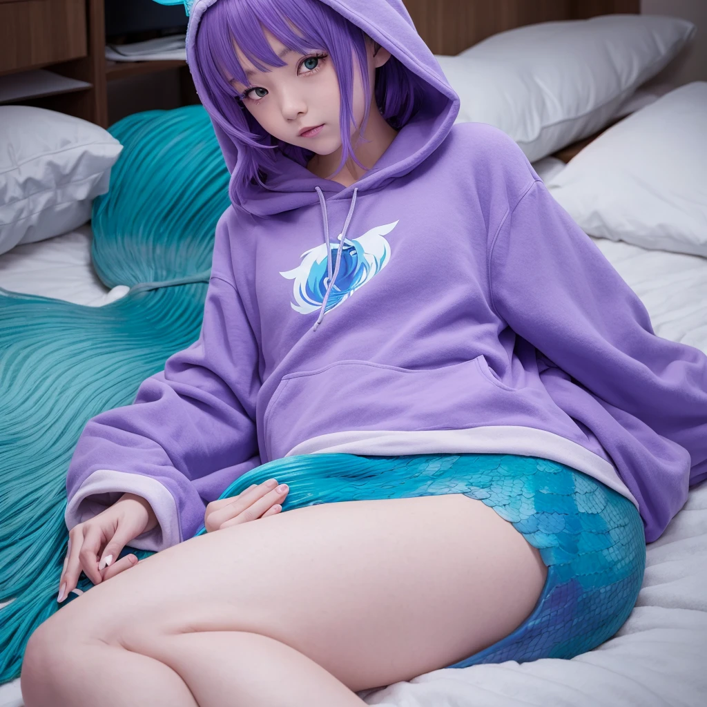 anime mermaid hoodie Lying down with purple hair Blue Tail