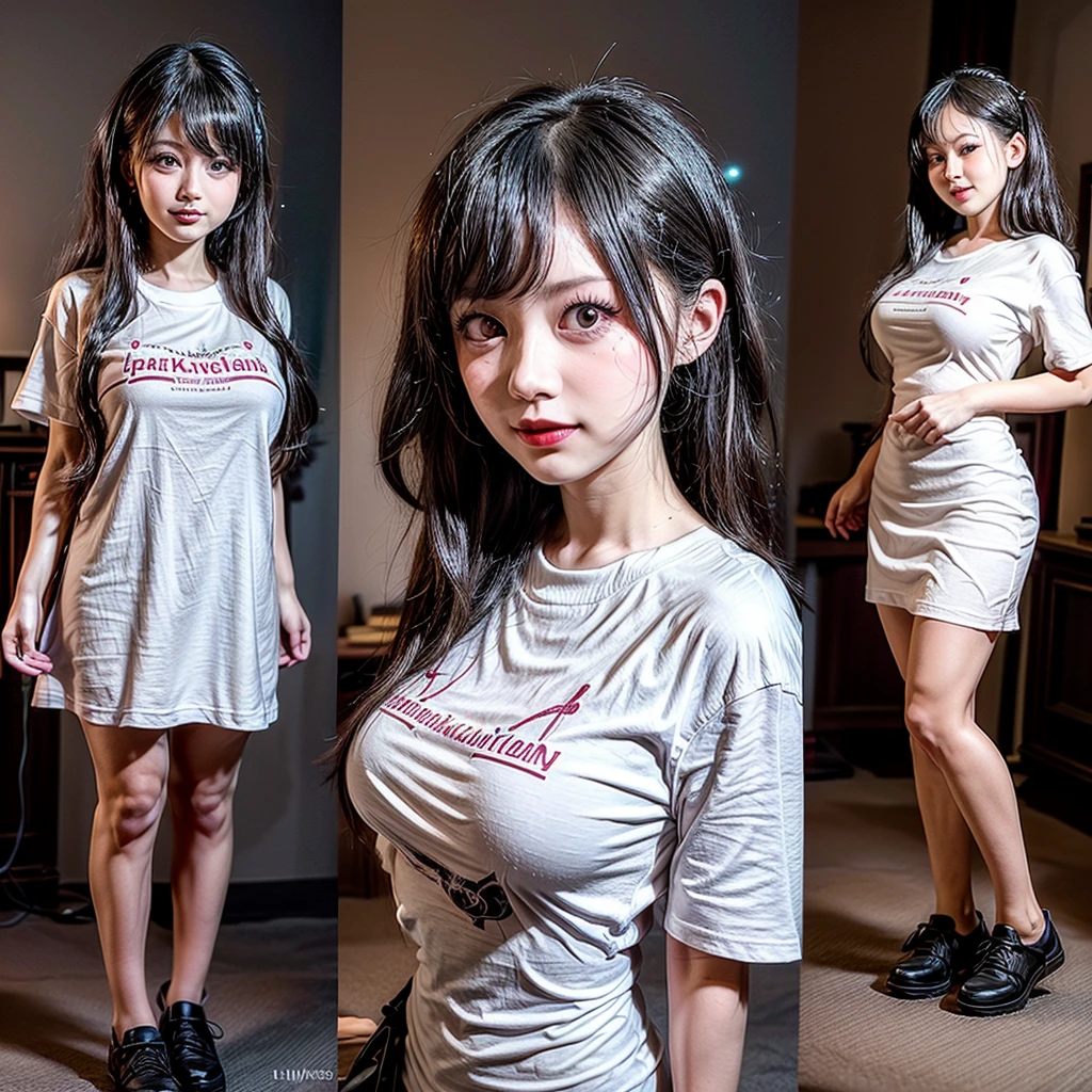 White and Bright Red, (Masterpiece 8K TopQuality:1.2) (ProfessionalPhoto:1.37) ExtremelyDetailed (((FullBody, KAWAII girl with HUGE boobs:1.37)) in (WHITE cotton T-shirt dress:1.28) with (LifeSize her Rialistic portrait printed on it:1.37)) detailed (Delicate cotton textures) ((Studio Dark GRAY Background) with (Oodles Dazzling Neon Color Particles:1.32))  BREAK  (((NOGIZAKA FaceVariations))), Extremely Detailed (very KAWAII Face), Childish CaptivatingGaze Stunning ParfectEyes ElaboratePupils with (SparklingHighlights:1.28), DoubleEyelids with (Detailed Voluminous LongEyelashes:0.88), Small GlossyRedLips with BeautifulDetails, CoquettishTongue, PUNIPUNI RosyCheeks, Radiant PearlSkin with Transparency, Glowing DowneyHair . { (Dynamic Joyful expressions LifeLike Rendering:1.4) | (:d) }, (large eyes:-1) . 