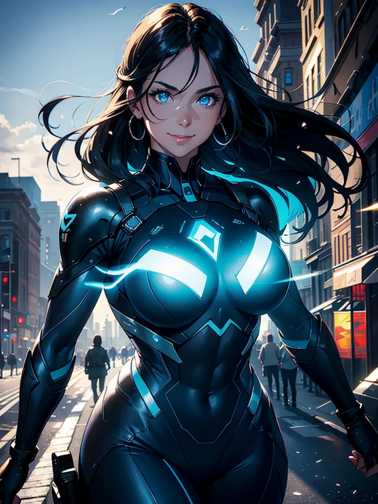 16K, HDR,UHD, RTX, ray tracing, chiaroscuro, best quality, masterpiece, ethereal, perfect illustration, digital artwork, trending on artstation, jaw-dropping perfection, ultra realistic, textured amazing lighting effects, perfect shadows, WLOP, 1girl, beautiful mature edgy woman in a cool long jacket and black pants, superhero suit, stomach covered by clothing, shoulder-length hair, shoulder-length hair, wavy hair, black hair, highly detailed glowing blue eyes, glowing eyes, blue eyes, beautiful glowy blue eyes, detailed eyes, beautiful face, perfect anatomy, broad shoulders, strong upper-body, modern city, city, beautiful weather, stunning sunshine, sunny, daylight, sunlight, modern, nature, daytime, superhero, uplifting, heroic, heroic pose, smiling, smiling at camera, athletic, hands near hips, glowy eyes, daytime, black and blue superhero suit, metal shoulder-pads, summertime, radiant sunlight, beautiful cityscape, hair blowing in wind, manly shoulders, big smile, wide smile, happy eyes, joyful, smiling with teeth, very tall, wide shoulders, tall