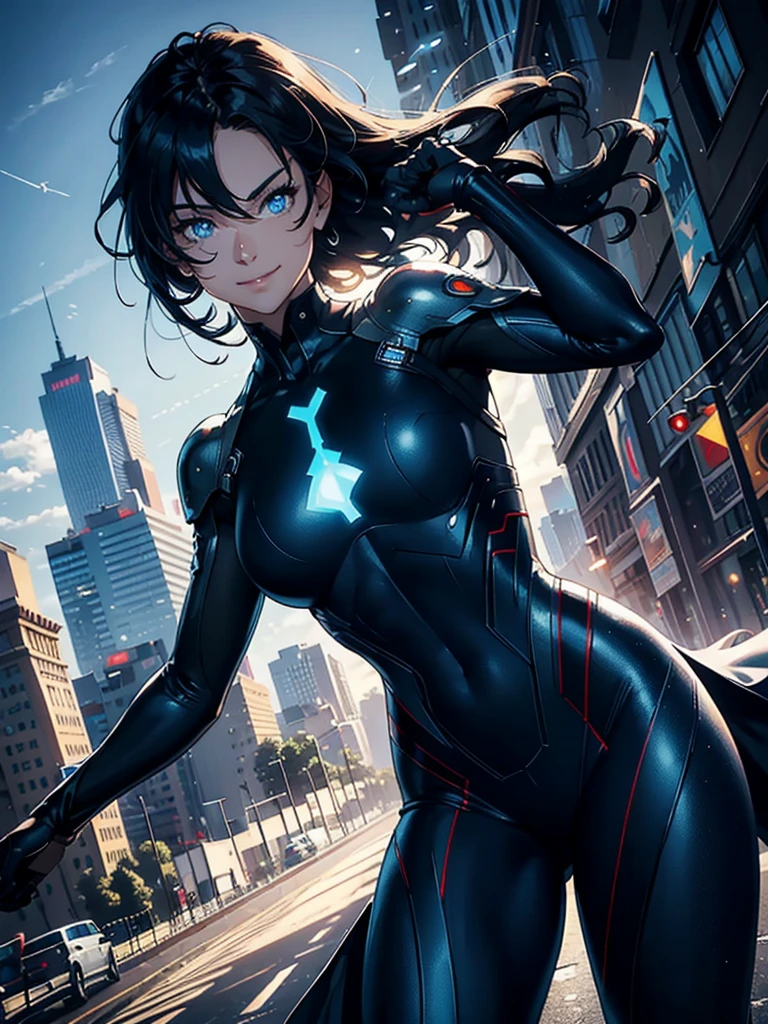 16K, HDR,UHD, RTX, ray tracing, chiaroscuro, best quality, masterpiece, ethereal, perfect illustration, digital artwork, trending on artstation, jaw-dropping perfection, ultra realistic, textured amazing lighting effects, perfect shadows, WLOP, 1girl, beautiful mature edgy woman in a cool long jacket and black pants, superhero suit, stomach covered by clothing, shoulder-length hair, shoulder-length hair, wavy hair, black hair, highly detailed glowing blue eyes, glowing eyes, blue eyes, beautiful glowy blue eyes, detailed eyes, beautiful face, perfect anatomy, broad shoulders, strong upper-body, modern city, city, beautiful weather, stunning sunshine, sunny, daylight, sunlight, modern, nature, daytime, superhero, uplifting, heroic, heroic pose, smiling, smiling at camera, athletic, hands near hips, glowy eyes, daytime, black and blue superhero suit, metal shoulder-pads, summertime, radiant sunlight, beautiful cityscape, hair blowing in wind, manly shoulders, big smile, wide smile, happy eyes, joyful, smiling with teeth, very tall, wide shoulders, tall