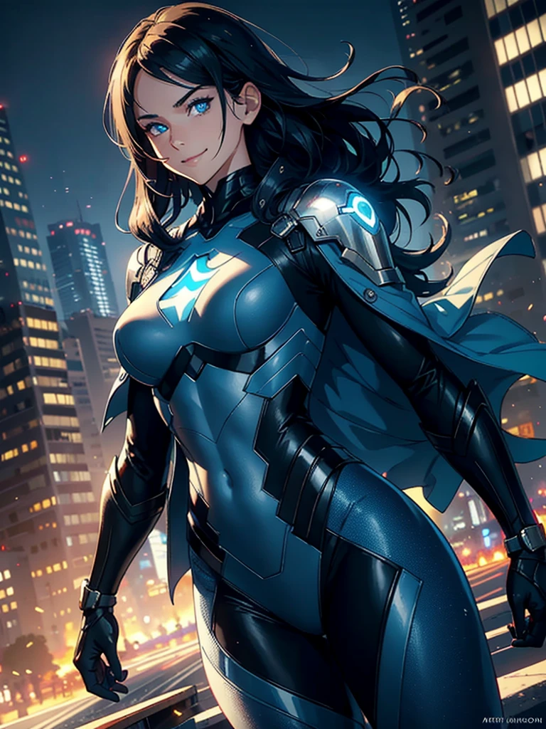 16K, HDR,UHD, RTX, ray tracing, chiaroscuro, best quality, masterpiece, ethereal, perfect illustration, digital artwork, trending on artstation, jaw-dropping perfection, ultra realistic, textured amazing lighting effects, perfect shadows, WLOP, 1girl, beautiful mature edgy woman in a cool long jacket and black pants, superhero suit, stomach covered by clothing, shoulder-length hair, shoulder-length hair, wavy hair, black hair, highly detailed glowing blue eyes, glowing eyes, blue eyes, beautiful glowy blue eyes, detailed eyes, beautiful face, perfect anatomy, broad shoulders, strong upper-body, modern city, city, beautiful weather, stunning sunshine, sunny, daylight, sunlight, modern, nature, daytime, superhero, uplifting, heroic, heroic pose, smiling, smiling at camera, athletic, hands near hips, glowy eyes, daytime, black and blue superhero suit, metal shoulder-pads, summertime, radiant sunlight, beautiful cityscape, hair blowing in wind, manly shoulders, big smile, wide smile, happy eyes, joyful, smiling with teeth, very tall, wide shoulders, sunlight, blue logo on chest