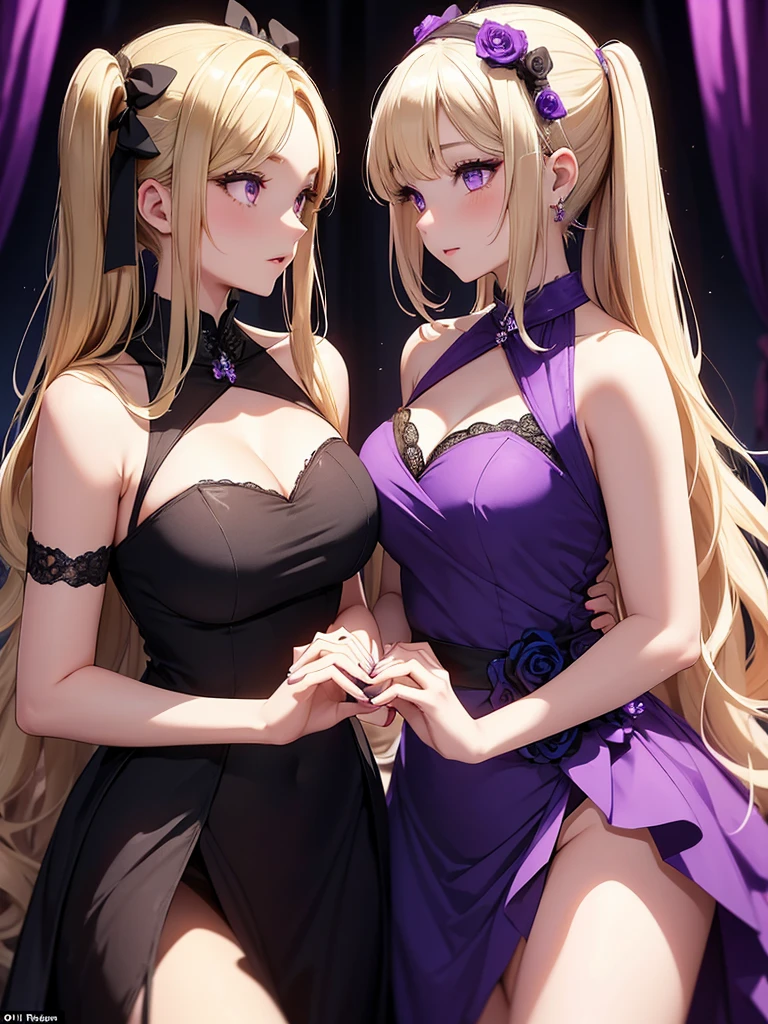 Two adult girls, one is blonde with two pigtails of purple bows, She wears a shiny purple gala dress with decorations and diamonds, Her eyes are blue and she is next to another girl with black hair., loose hip length hair, black eyes and bright and stunning blue gala dress, They are at an expensive dinner tonight, holding hands in a romantic atmosphere