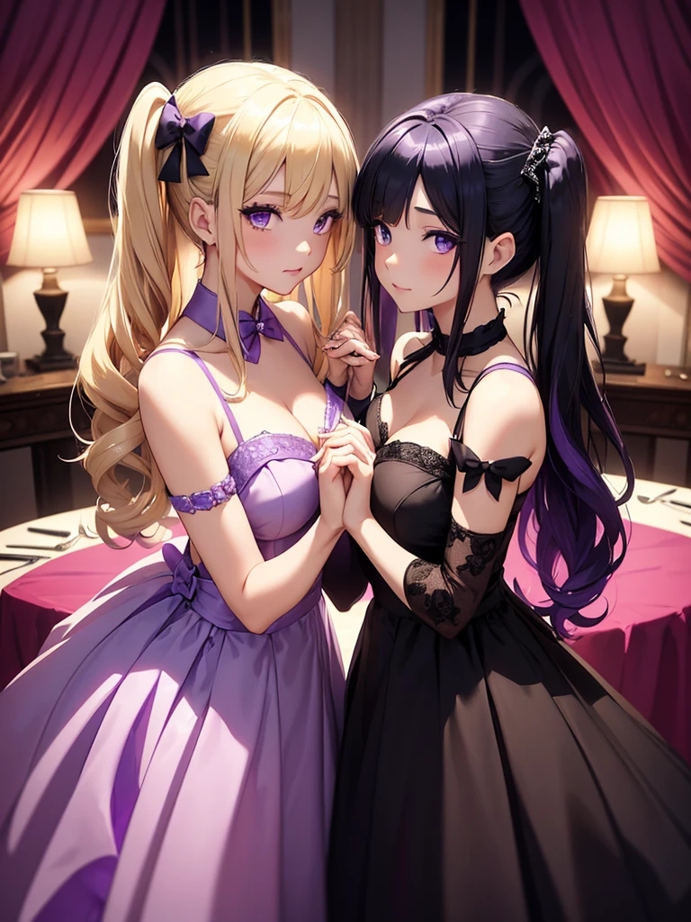 Two adult girls, one is blonde with two pigtails of purple bows, She wears a shiny purple gala dress with decorations and diamonds, Her eyes are blue and she is next to another girl with black hair., loose hip length hair, black eyes and bright and stunning blue gala dress, They are at an expensive dinner tonight, holding hands in a romantic atmosphere