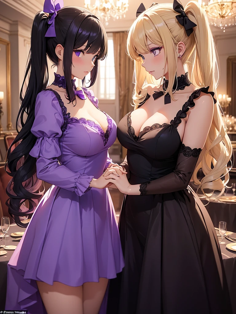 Two adult girls, one is blonde with two pigtails of purple bows, She wears a shiny purple gala dress with decorations and diamonds, Her eyes are blue and she is next to another girl with black hair., loose hip length hair, black eyes and bright and stunning blue gala dress, They are at an expensive dinner tonight, holding hands in a romantic atmosphere