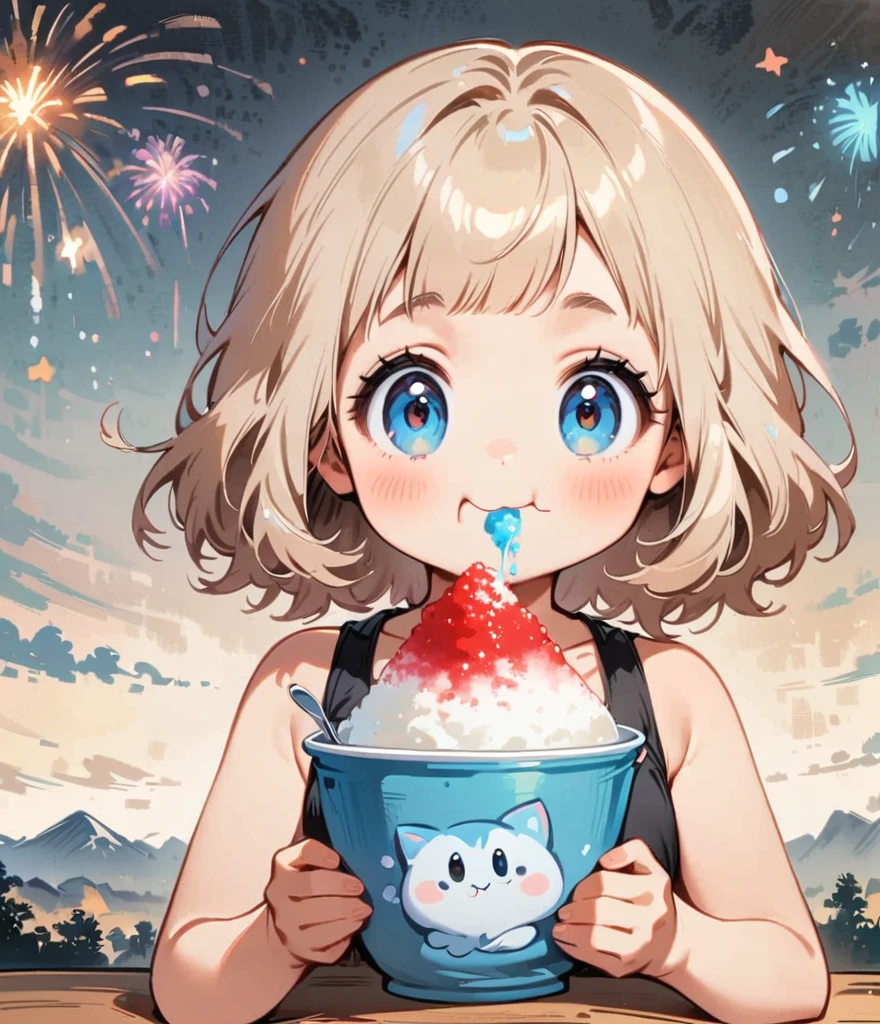 Eating shaved ice with a spoon、firework、Cartoon style character design，1 Girl, alone，Big eyes，Cute expression，Tank top、interesting，interesting，Clean Lines