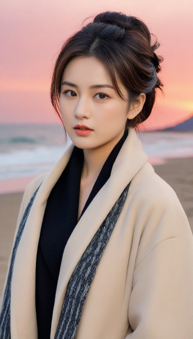 8K, 超high resolution, best quality, masterpiece, surreal, painting,A three-part method, 성숙한 1 woman, (:1.3), Pretty Woman, Cute face, Beautiful Eyes in Every Detail,Japanese female announcer,(Wearing a long winter coat and scarf、Close-up of thin black double-sided updo:1.5)、(The woman turned around with a very sad expression., Her hair blowing in the wind on a winter beach:1.5)、(blurred background:1.5)、(red sky at sunset:1.5)、(complete anatomy:1.5)、(full hand:1.3)、(full finger:1.3)、realistic、生painting、tabletop、best quality、high resolution、delicate and beautiful、perfect face、beautiful details、fair skin、real human skin、((thin legs))、bold pose,Super cute supermodel、Please look closely at the camera 、vivid details、detailed、surreal、빛과 painting자,strong light,fashion magazine cover,thin lips, short medium hair,1 woman, full body shot