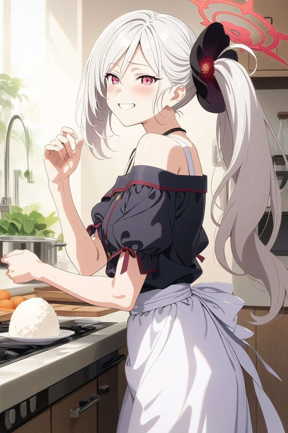 best quality, amazing quality, very aesthetic, absurdres, (1girl, mutsuki, blue archive, solo, red eyes, white hair, side ponytail), (realistic face:0.9),(off-shoulder dress:1.8),dress lift, (grin, blush, thigh:1.3), (cowboy shot), (glowing eyes:1.1), (half closed eyes:0.9), (from side:2),(official art:1.3), (kitchen), expressive eyes, perfect face, 4k, extremely detailed anime illustration, extremely detailed eyes, perfect ???????, light rays, extremely delicate body, smooth skin, (school background:1.5), clear eyes, beautiful face, small breasts,(anime style:1.5), (Chiaroscuro:1.5), (highres:2), In the kitchen, brightly lit by the morning sun, a woman in a white apron is smiling at us. In her right hand is a handful of rice balls, and in her left is a small white plate filled with salt. Her smile is as if she is saying, "Look, it's almost ready.