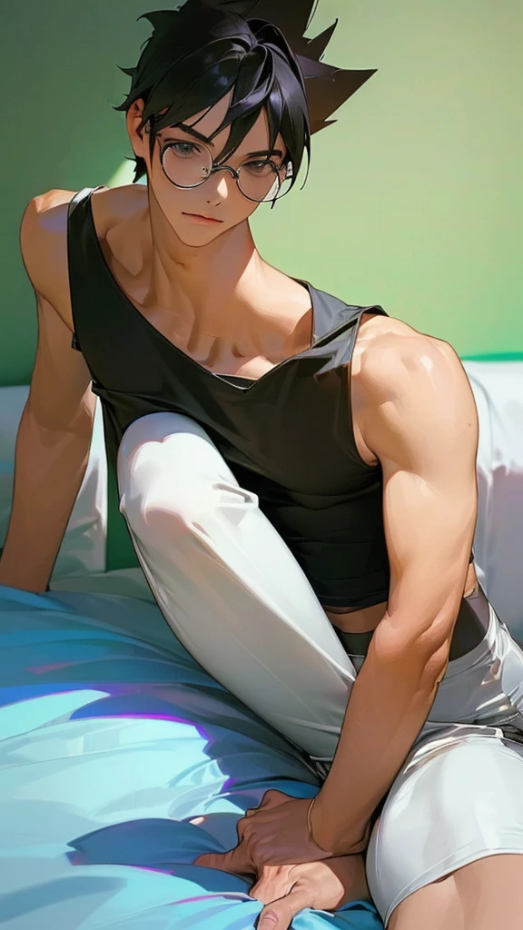 ((masterpiece), best quality, perfect face, (perfect body), ((solo un man))man, young guy, YOUNG, handsome, ((skinny)),sitting on a bed, black sleeveless t-shirt, super tight white shorts, open legs, ((big Bulge)), low angle, calvo, arete, punk, glasses 