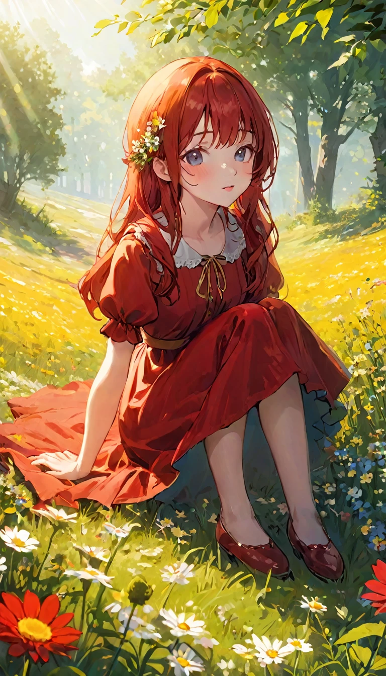 (Highest quality,4K,High resolution,masterpiece:1.2),Very detailed,Realistic,High resolution,anime,girl,Red Hair,Red dress,I deny it,Beautiful details,Beautiful lip detail,Sit on the ground,The wildflowers around her are red,wood々The sunlight shines in,Peaceful atmosphere,Vibrant colors,Soft Shadows,Dreamy Style