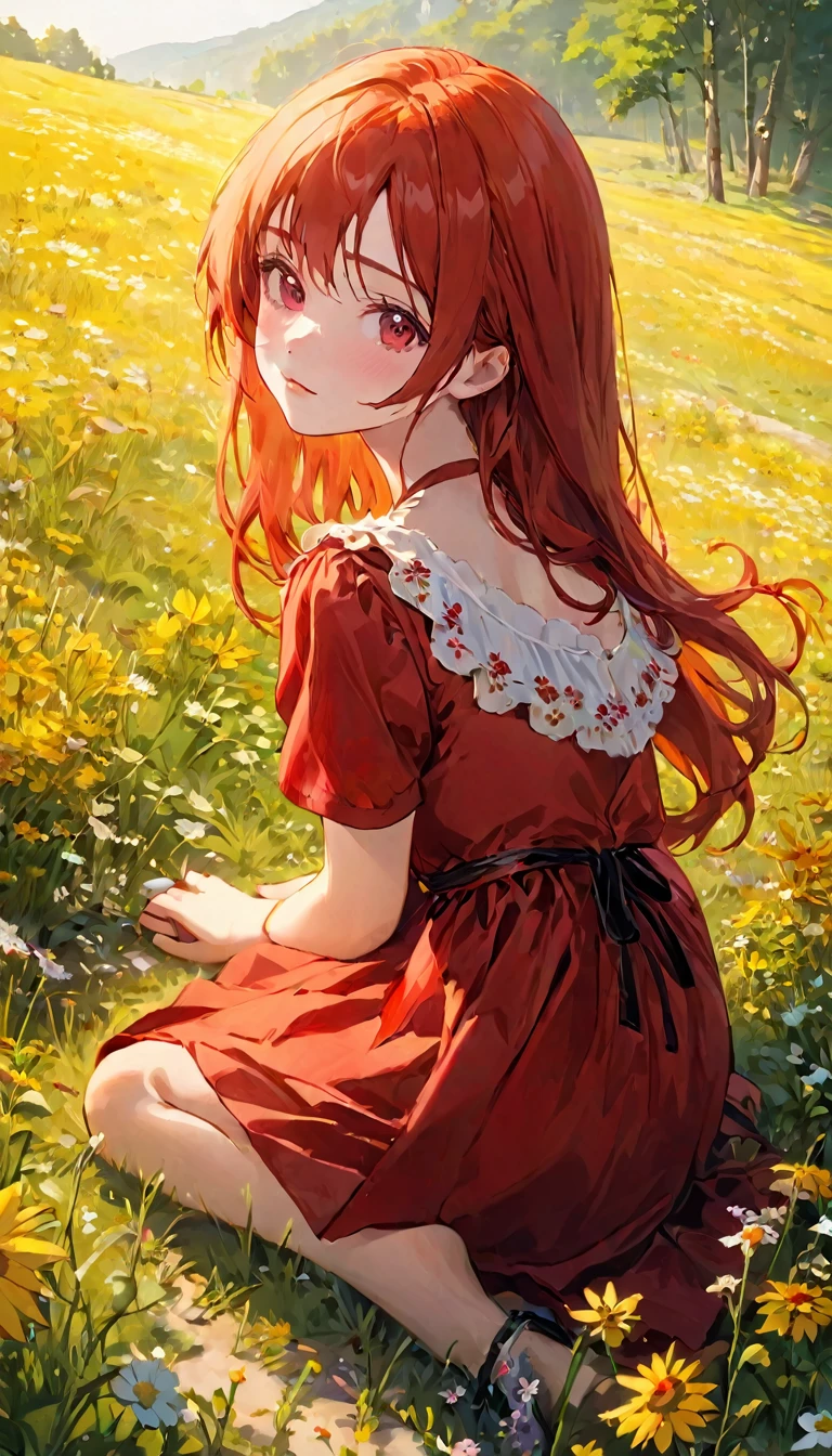 (Highest quality,4K,High resolution,masterpiece:1.2),Very detailed,Realistic,High resolution,anime,girl,Red Hair,Red dress,I deny it,Beautiful details,Beautiful lip detail,Sit on the ground,The wildflowers around her are red,wood々The sunlight shines in,Peaceful atmosphere,Vibrant colors,Soft Shadows,Dreamy Style