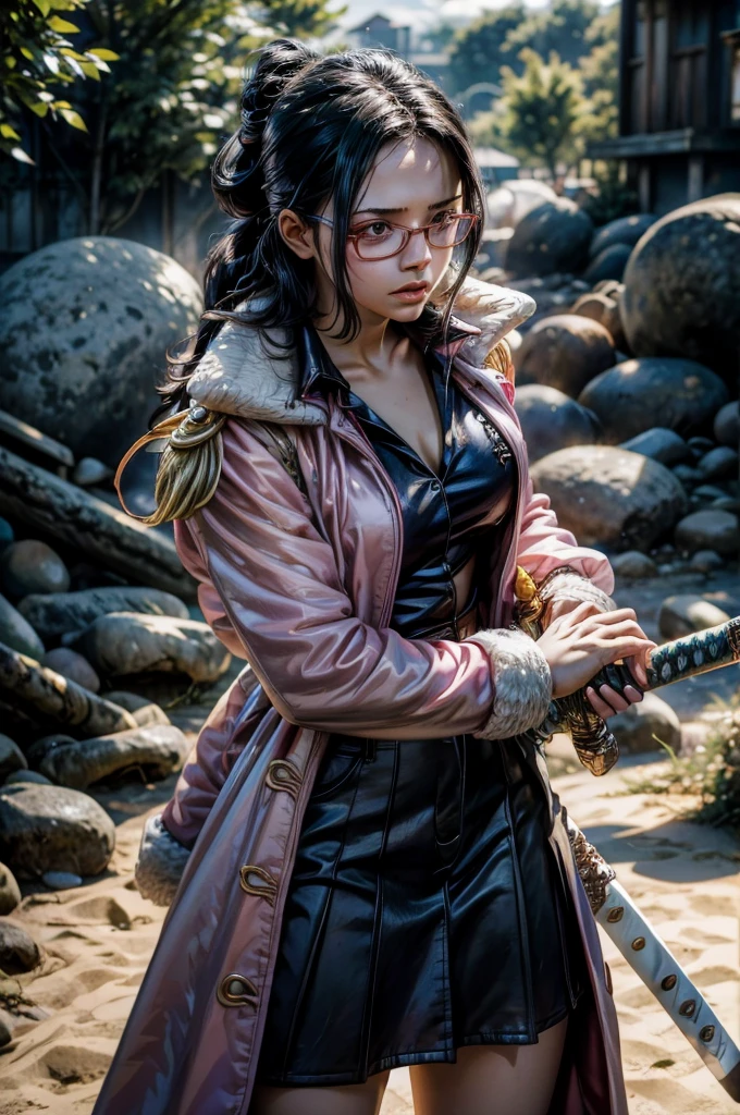 1 girl, Tashigi, age 15, pale skin, perfect eyes, black eyes, glasses, black hair, hair slicked back, pink coat, coat on shoulders, (((open shirt))), mini skirt, sexy, (((holding a sword))), ((RAW photo, masterpiece, high details, highres, absurdres, 8k, best quality, UHD, realistic)), sunlight, shadow details, cloudy day, fortress, battoujutsu