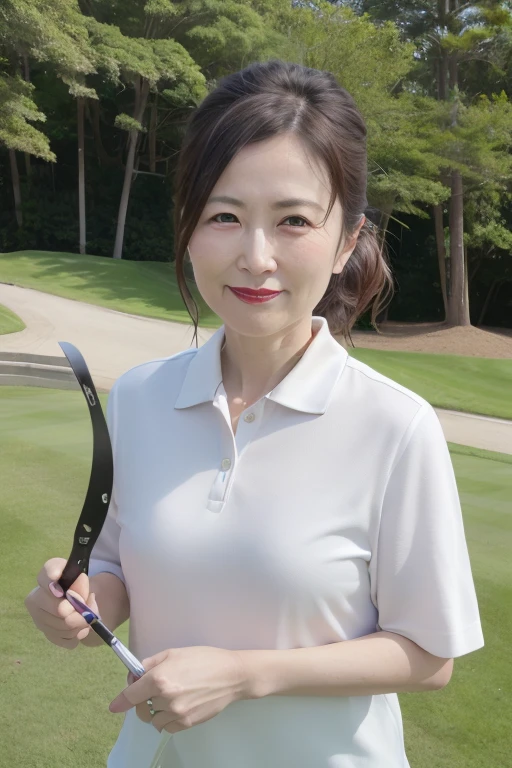 8K, Mature elegant Japanese woman, 55 years old, Married women, Delicate features, Long eyelashes, Sparkling eyes, Low Ponytail, Red lipstick, Rosy Cheeks, eye shadow, Attractive lips,  Cleavage, Polo shirt, mini skirt, Golf Swing, Commemorative photo at the golf course,  (Highest quality,8K,High resolution,masterpiece:1.2),