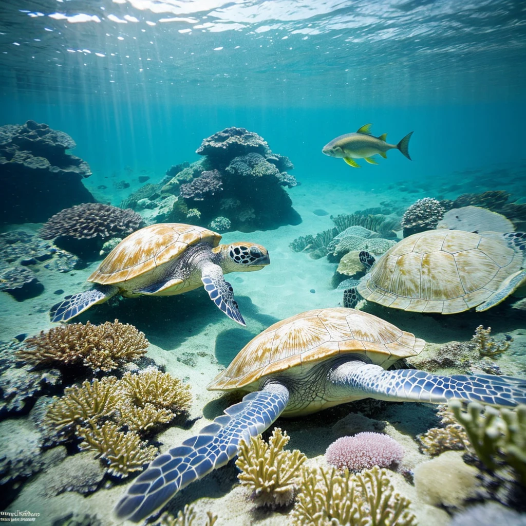 A Glorious Tropical Sea The tropical sea shines brightly under the dazzling sunlight. White sandy beaches stretch out, and the blue sky continues endlessly. The color of the sea transitions from emerald green to deep blue, and the water is incredibly clear. Abundant Coral Reefs and Tropical Fish Underwater, colorful coral reefs spread out, and variously shaped and colored tropical fish swim gracefully around them. Schools of small fish weave through the corals, shining like rainbows. Sunlight Penetrating the Water, High Water Clarity Sunlight filters through the water surface and creates sparkling showers of light that reach the sea floor. The water's clarity is so high that you can see far into the distance, and the underwater scenery is as clear as if viewed through glass. A Woman in a Bikini Underwater A woman in a bikini swims gracefully underwater. Her hair spreads out softly in the water, and she moves slowly with a smile on her face. Various colorful fish swim around her. Not Using a Snorkel She enjoys free diving without a snorkel, appearing free and natural. Greeting a Sea Turtle A sea turtle appears leisurely in front of her. The turtle shows interest in her and approaches slowly. She reaches out her hand, lightly touching the turtle, and smiles as if exchanging a greeting.