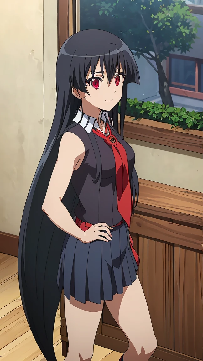 Master piece, best quality,(((1girl,solo))),full_body,akame,red_eyes,black_hair,(((very_long_hair))),cowboy_short,looking_at_me,smile_face,(school_uniform,skirt, serafuku, pleated skirt, neckerchief, short_sleeves, sailor_collar, blue_skirt, shirt, red_neckerchief, blue_socks, loafers),backgroud_school