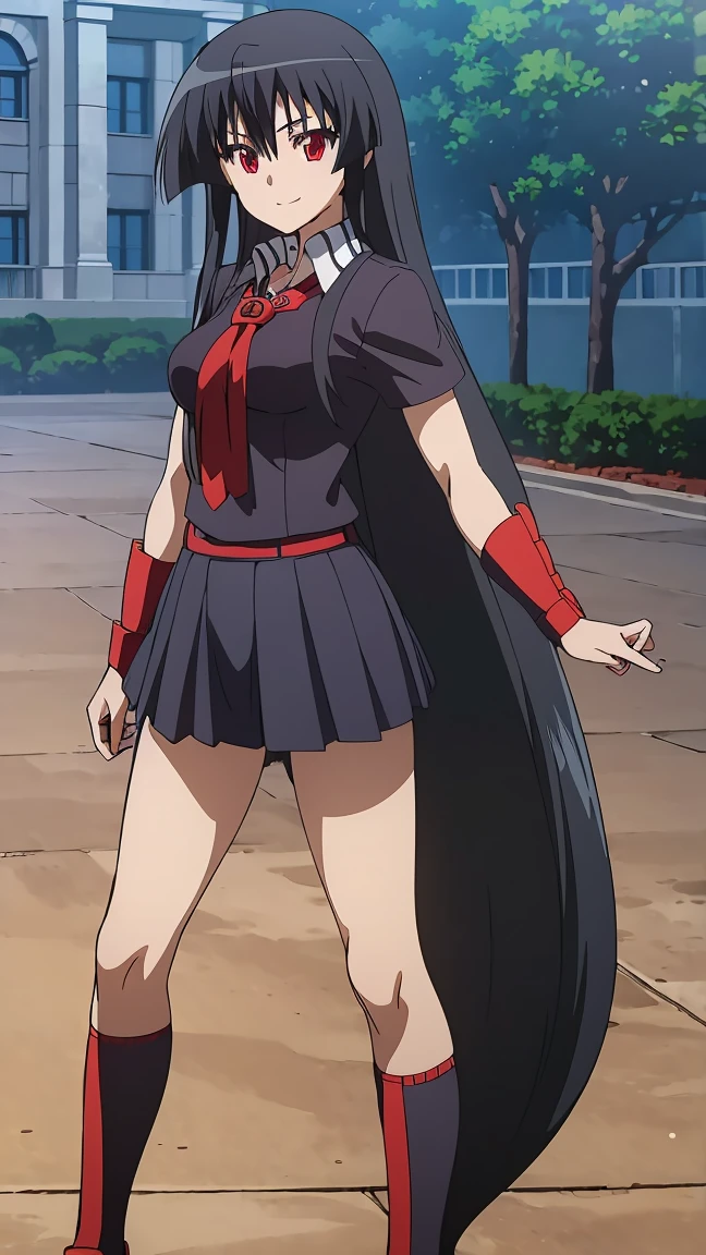 Master piece, best quality,(((1girl,solo))),full_body,akame,red_eyes,black_hair,(((very_long_hair))),cowboy_short,looking_at_me,smile_face,(school_uniform,skirt, serafuku, pleated skirt, neckerchief, short_sleeves, sailor_collar, blue_skirt, shirt, red_neckerchief, blue_socks, loafers),backgroud_school