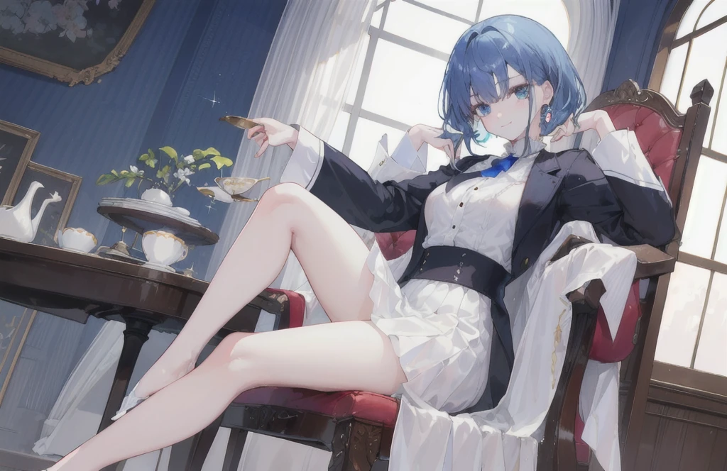 anime girl1, Beautiful blue hair, blue eyes, (bangs cover left eye) His left eye is visible slightly behind his long bangs, (wearing an elegant white noble shirt) wearing an elegant white tie jabot (long elegant noble shirt dress) Sitting on an elegant wooden chair, Skirt covers elegant legs (wearing elegant sparkling white glass shoes) (Hands on the table holding a cup of tea) smiling gently (perfect long straight blue hair) Body position facing to the left (head facing to the left) (image seen from top of head to toes looking down) Background of a luxurious, magnificent palace, detailed size (window light), shiny ceramics (perfect body, left hand holding a tea cup, right hand on a shiny, elegant wooden table, solo, Perfect soft straight blue hair, perfect long shirt sleeves perfect long tight skirt perfect legs perfect body position