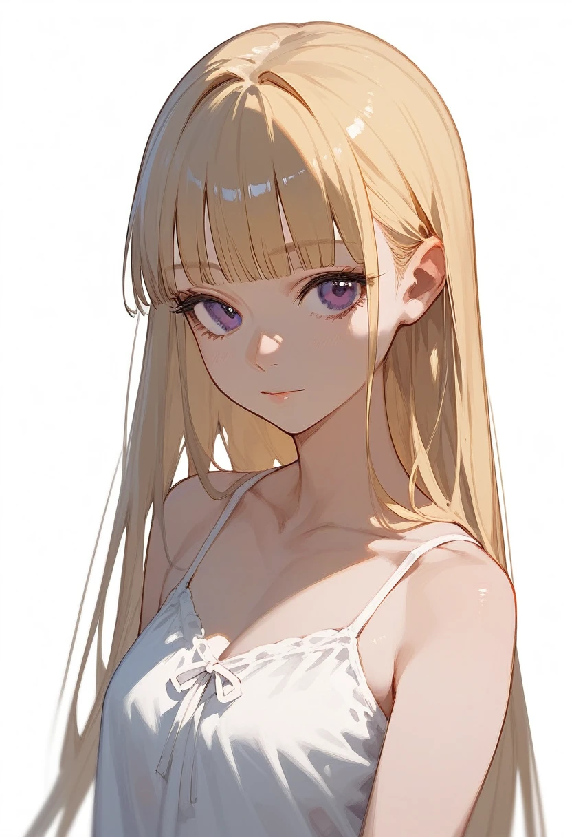(score_9, score_8_up, score_7_up), 1girl, solo, long blonde hair, blunt bangs, dark purple eyes, white chemise dress, sleeveless, looking at viewer, neutral, upper body, portrait, white background, simple background