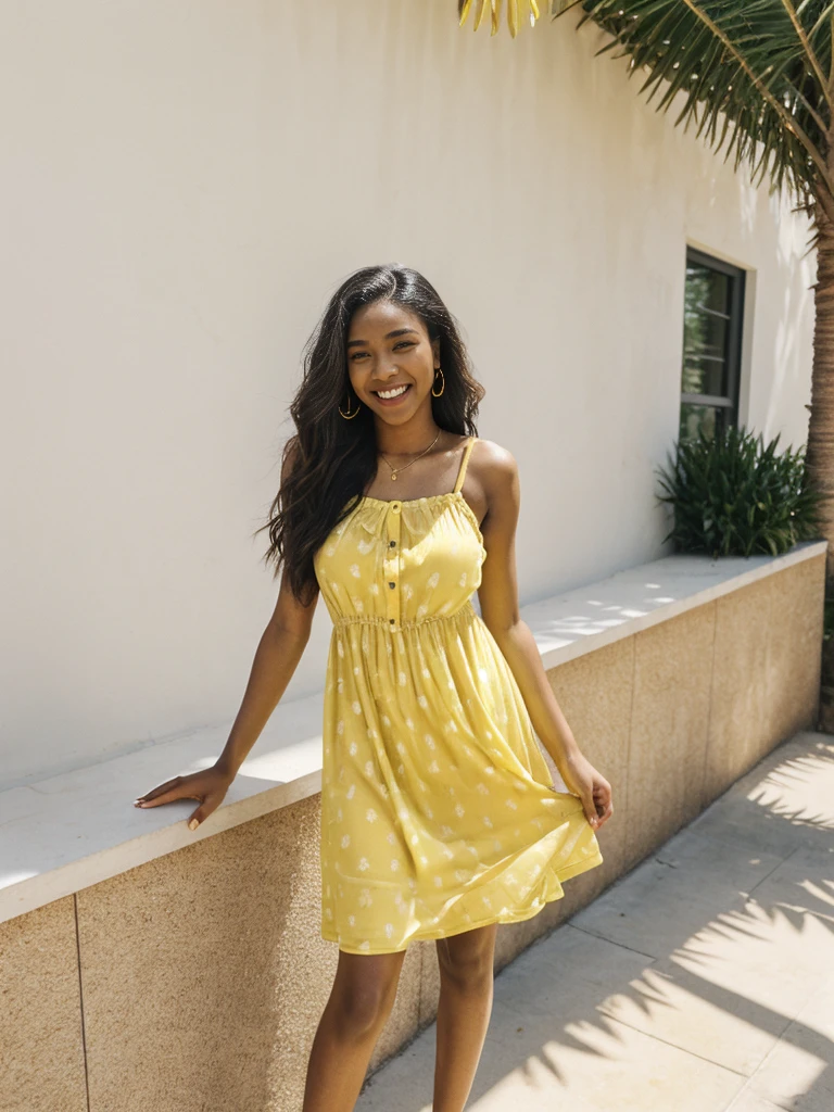 Madison Beer, her name is Jamila, high quality, 1girl, ((20-year-old fit ebony woman)), ((25 years old)), ((slim)), long hair, pose: standing, wearing (((yellow sundress))) stylish fashionable Generation-Z modern wear different colored, happy, ((laughing)) BACKGROUND: outside: a cafe by the beach