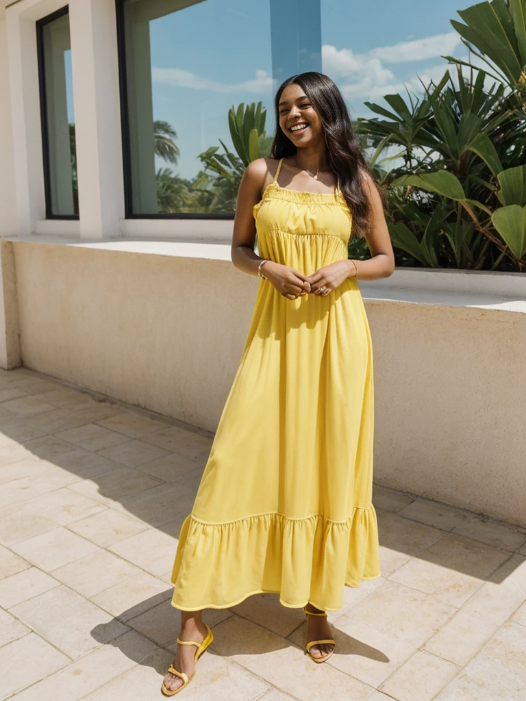 Madison Beer, her name is Jamila, high quality, 1girl, ((20-year-old fit ebony woman)), ((25 years old)), ((slim)), long hair, pose: standing, wearing (((yellow sundress))) stylish fashionable Generation-Z modern wear different colored, happy, ((laughing)) BACKGROUND: outside: a cafe by the beach