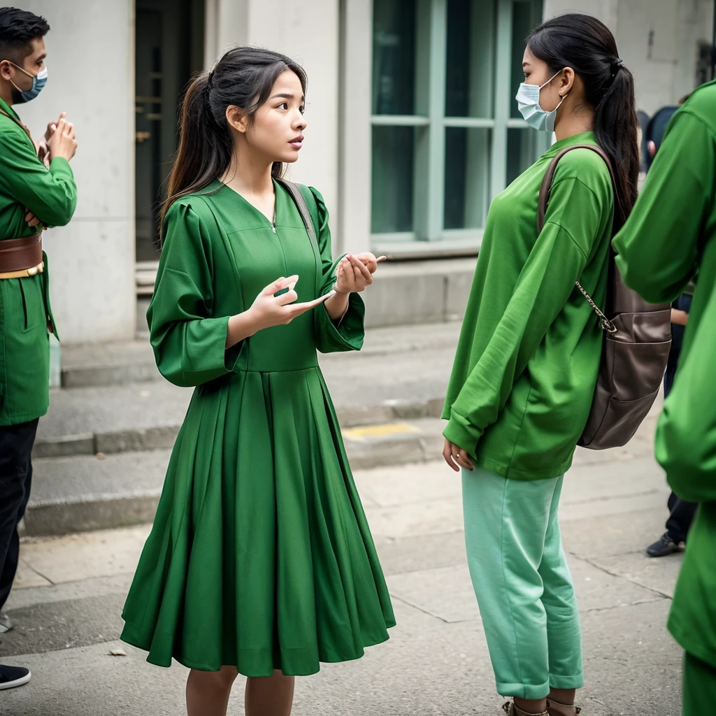 Create an image depicting a woman dressed in green clothing who exhibits excessive concern and consideration in her everyday life. Show her in various daily situations where she demonstrates heightened attentiveness and care towards others. Capture realistic expressions and gestures that convey her thoughtful and empathetic nature. Set the scenes in typical daily environments to emphasize the relatability and realism of her actions. Ensure the composition portrays her genuine kindness and attentive demeanor convincingly.