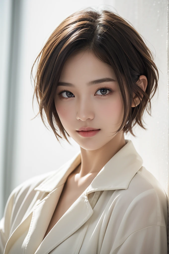 realistic light,natural light,white background,최고 quality、8 thousand、32,000、masterpiece、uhd:1.2) quality, primitive photorealism, laugh, Beautiful girl, cute, Short hair, depth of field, high resolution, ultra detail, Highly detailed eyes and face,small eyes,Short hair,short cut,short hair,Ivory Jacket