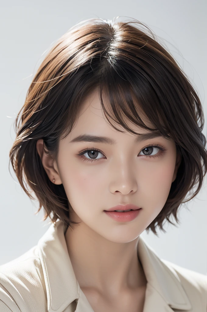 realistic light,natural light,white background,최고 quality、8 thousand、32,000、masterpiece、uhd:1.2) quality, primitive photorealism, laugh, Beautiful girl, cute, Short hair, depth of field, high resolution, ultra detail, Highly detailed eyes and face,small eyes,Short hair,short cut,short hair,Ivory Jacket
