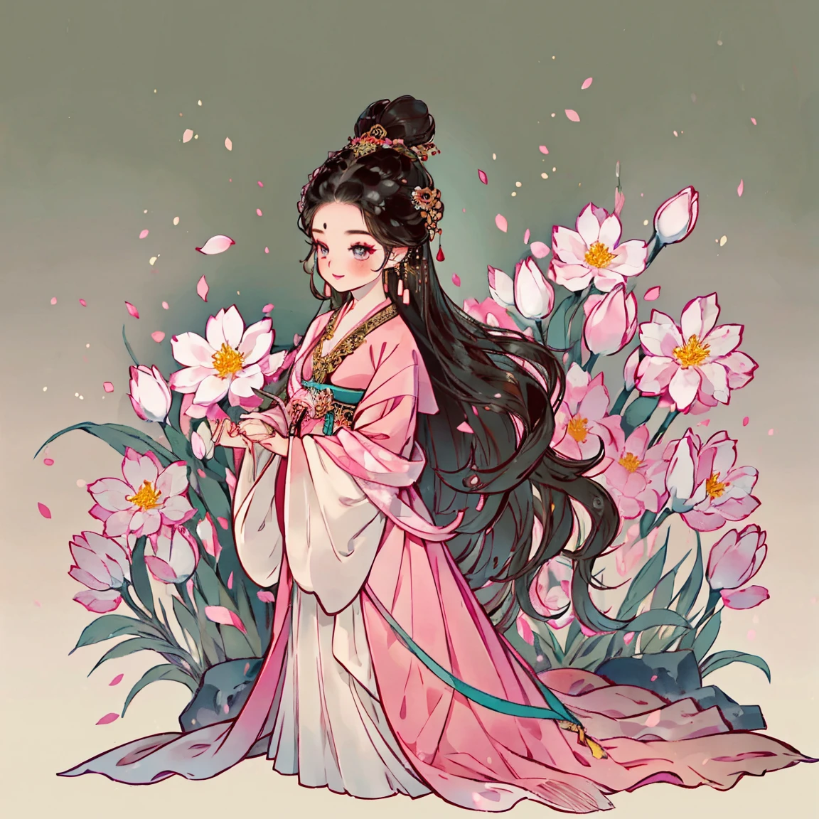1 sister, Solitary, Looking at the audience, blush, background, black hair color, Hair accessories, Long sleeve, 白色background, eternal, Full body female love, Flowers in bloom, Pink, Flowering, Hair Bun, Butterfly, masterpiece, Recent quality, The most exquisite details, Clear facial features, beautiful eyes，whole body, Big Breasts, Hanfu, Cleavage, Rockery background, streaked hair, long hair, wavy hair, rimless eyewear, longeyelashes, mole under eye, earrings, makeup, shy, parted lips, happy, 85mm, super detail, high quality, accurate, highres