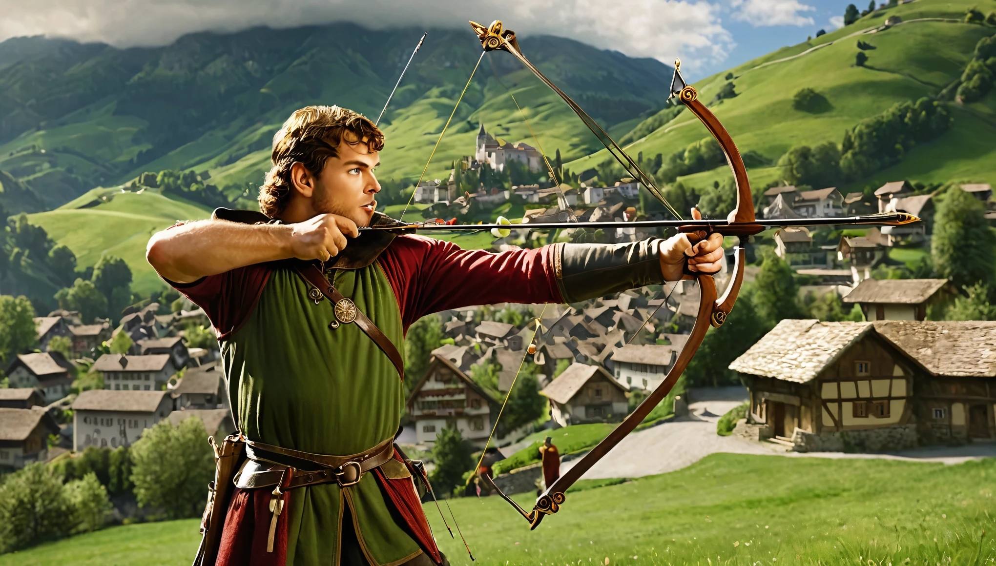 William Tell
"Create a hyperrealistic, high-definition image of William Tell shooting an apple off his son's head. William should be holding a crossbow, aiming carefully, while his son stands with the apple balanced on his head. The background should include a Swiss village scene with detailed buildings and mountains. Use natural, dramatic lighting to create tension and focus on the moment."