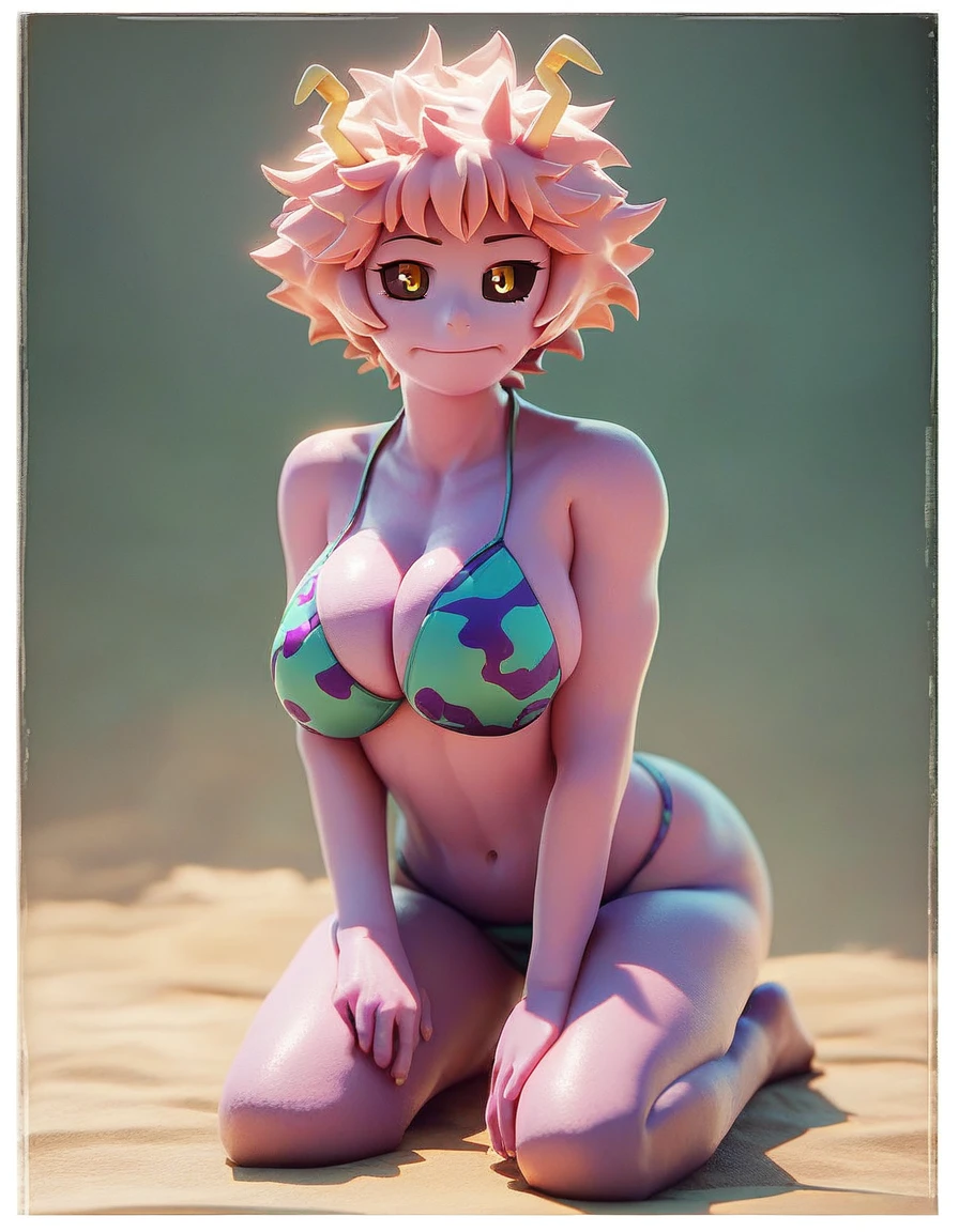 Mina ashido, big cleavage, bikini, barefoot, full body, big bust, kneeling, eye contact, looking at viewer, cheek bulge