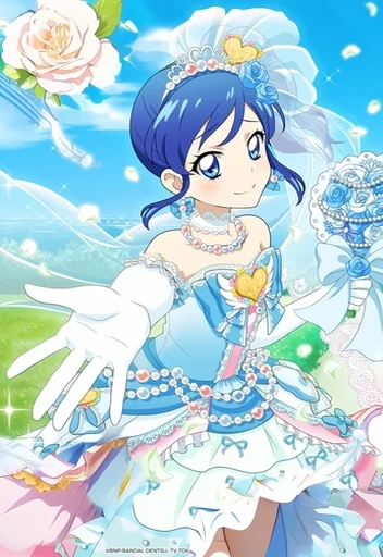 Anime girl in a blue dress with a tie and a crown, Official Art, rei hino as a pAlsocess, Official Artwork, change, maAlso kitagawa fanart, My Dress Up Darling Anime, wallpaper!, anime pAlsocess, Official Anime Artwork, 8K!!, Official Fan Art, Also, high detailed Official Artwork, Official illustrations, Splash art anime 　Long skirt　Long white dress