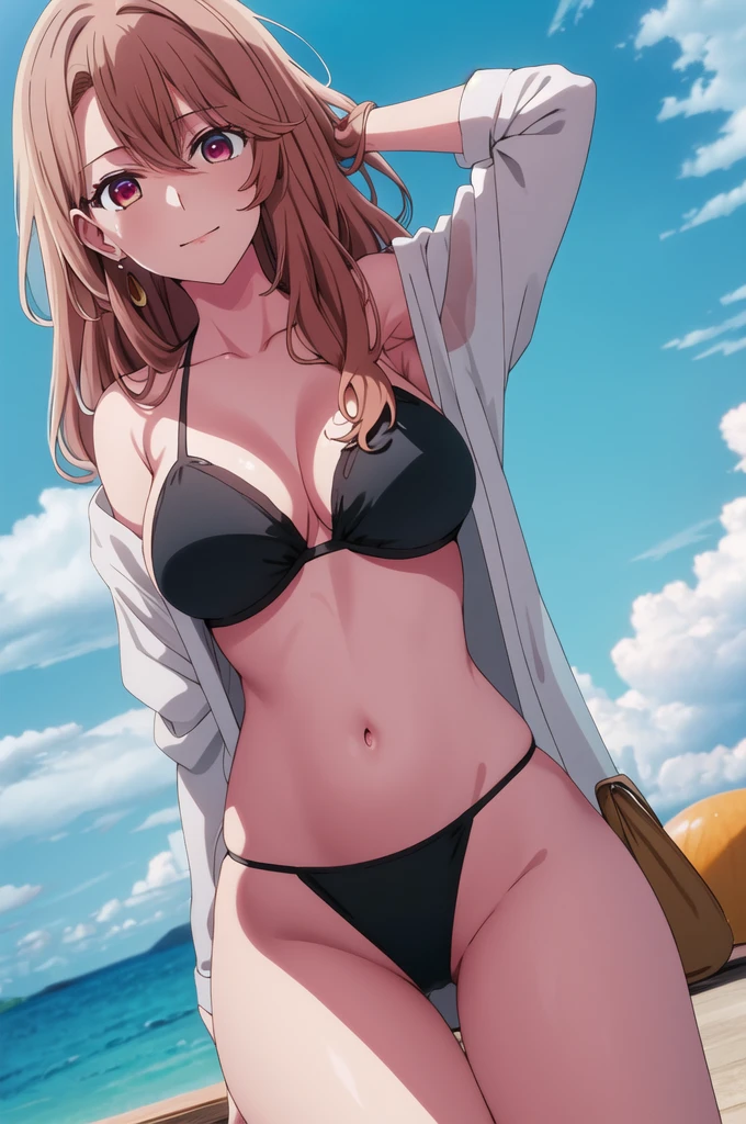 ((Highest quality、、masterpiece:1.3)), Upper Body、Long legs、Sharp focus:1.2, Beautiful woman with perfect figure:1.4、(Smiling:1.2), double eyelid、30-year-old female、Sexy pose、((((Close your mouth、One Woman、bikini,sea,beach,sea side))))、(((((Hands on the side of the body)))))