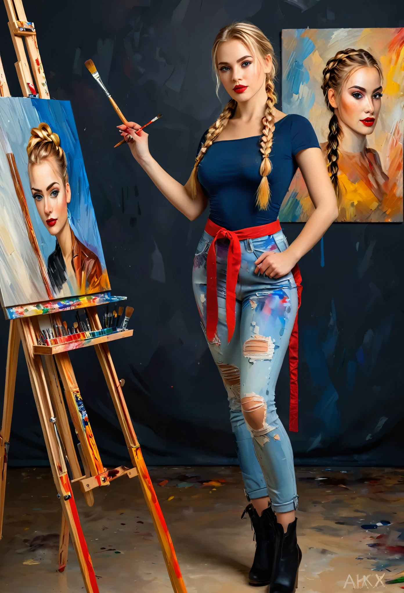 sexy cyborg woman, full-length, standing, beautiful face, expressive eyes, red lips, French braid, blonde hair, oil paints, self-portrait, easel, paintbrushes, art studio, natural lighting, vibrant colors, detailed brushstrokes, realistic rendering, professional artist, creative process, confident posture, artistry, fashionable outfit, perfect composition, exquisite technique, captivating gaze, artistry, alluring atmosphere, unique style, feminine charm, stunning artwork, high resolution, 4k image, dynamic background, flawless details, masterful strokes, harmonious color palette.