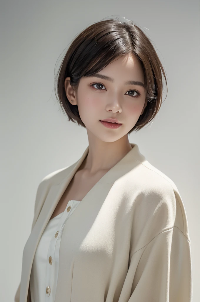 realistic light,natural light,white background,최고 quality、8 thousand、32,000、masterpiece、uhd:1.2) quality, primitive photorealism, laugh, Beautiful girl, cute, Short hair, depth of field, high resolution, ultra detail, Highly detailed eyes and face,small eyes,Short hair,short cut,short hair,Ivory Jacket