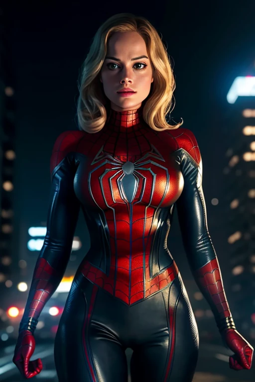 Margot Roberts Spider-Man Marvel, ultra detaild, dynamically possessed, ultra reflective latex, cinematic lighthing, 8 k wallpaper