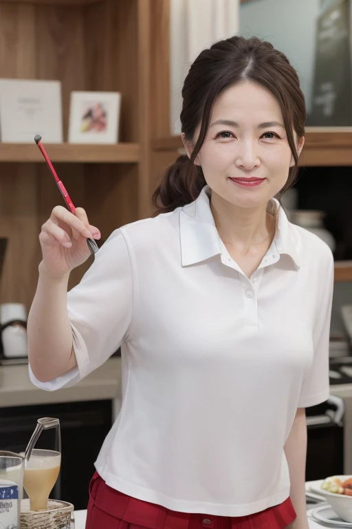 8K, Mature elegant Japanese woman, 55 years old, Married women, Delicate features, Long eyelashes, Sparkling eyes, Low Ponytail, Red lipstick, Rosy Cheeks, eye shadow, Attractive lips,  Cleavage, Polo shirt, mini skirt, golf, golf場記念撮影,  (Highest quality,8K,High resolution,masterpiece:1.2),