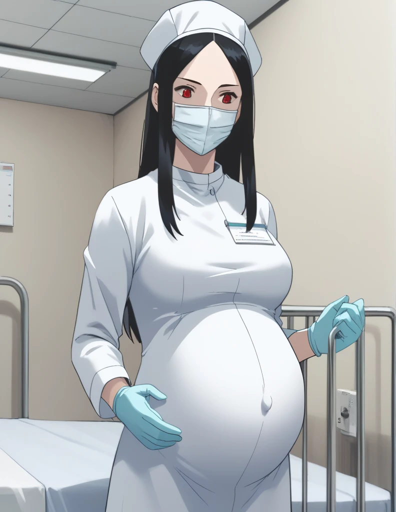 score_9, score_8_up, score_7_up, source_anime, raw image, masterpiece, highest quality, kasuganoray, pale skin, in the red eye, long black hair, big breasts, scrubs, surgical mask, surgical cap, long sleeve maternity dress, seamless, tits, navel head,
1girl, pregnant, solo, rubber gloves, looking down, furrowed brow, hospital bed, standing