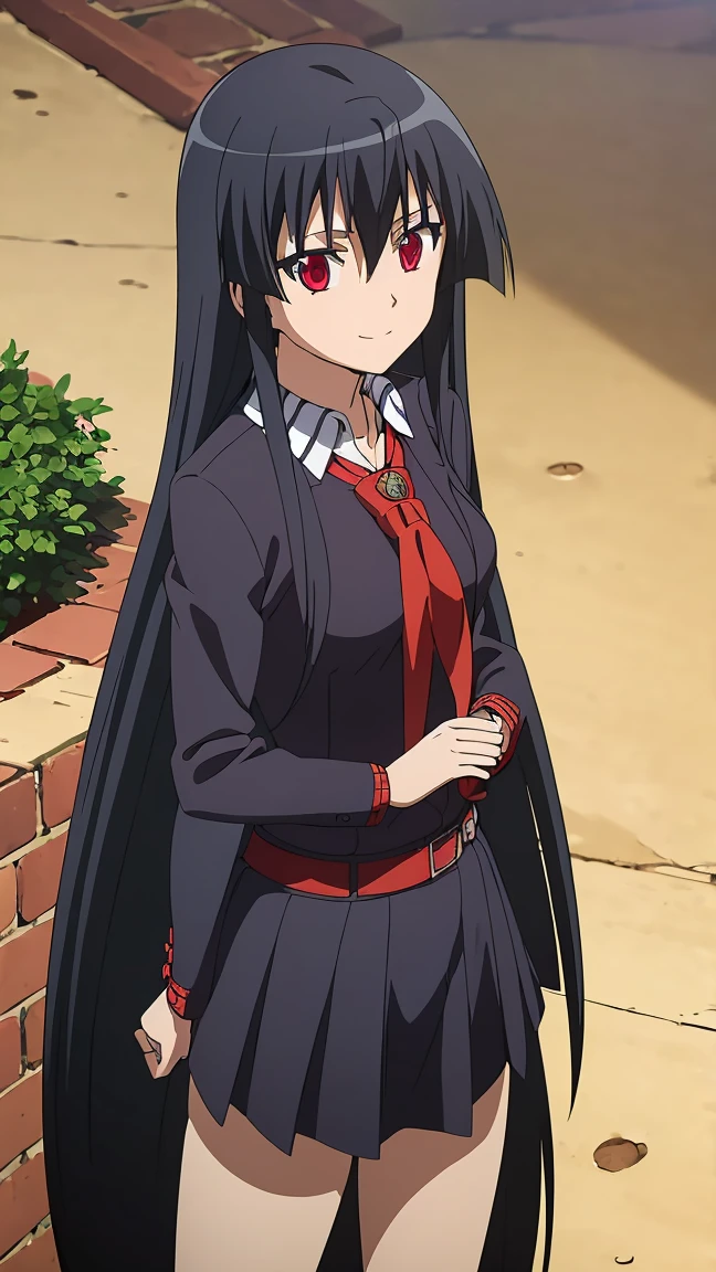 Master piece, best quality,(((1girl,solo))),full_body,akame,red_eyes,black_hair,(((very_long_hair))),cowboy_short,looking_at_me,smile_face,(school_uniform,skirt, serafuku, pleated skirt, neckerchief, short_sleeves, sailor_collar, blue_skirt, shirt, red_neckerchief, blue_socks, loafers),backgroud_school