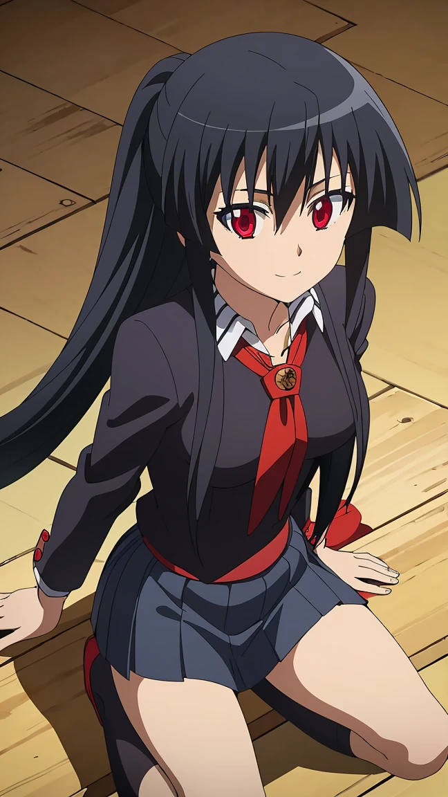 Master piece, best quality,(((1girl,solo))),full_body,akame,red_eyes,black_hair,(((very_long_hair))),cowboy_short,looking_at_me,smile_face,(school_uniform,skirt, serafuku, pleated skirt, neckerchief, short_sleeves, sailor_collar, blue_skirt, shirt, red_neckerchief, blue_socks, loafers),backgroud_school