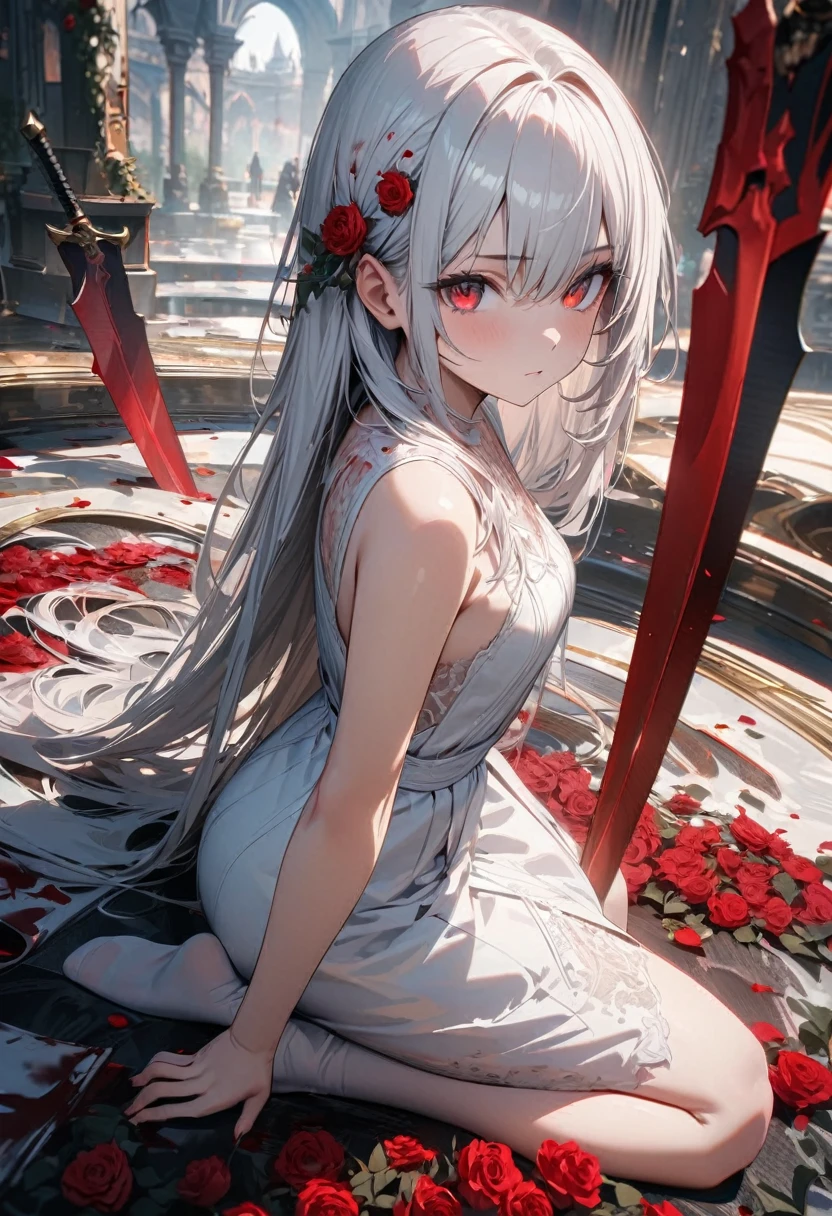 Young girl, Long white hair, Red eyes, Roses in hair, Blood blade, White Dress, No sleeve, No shoes, Blood, masterpiece, Highest quality, Full HD, 8K, Super detailed, Great graphics