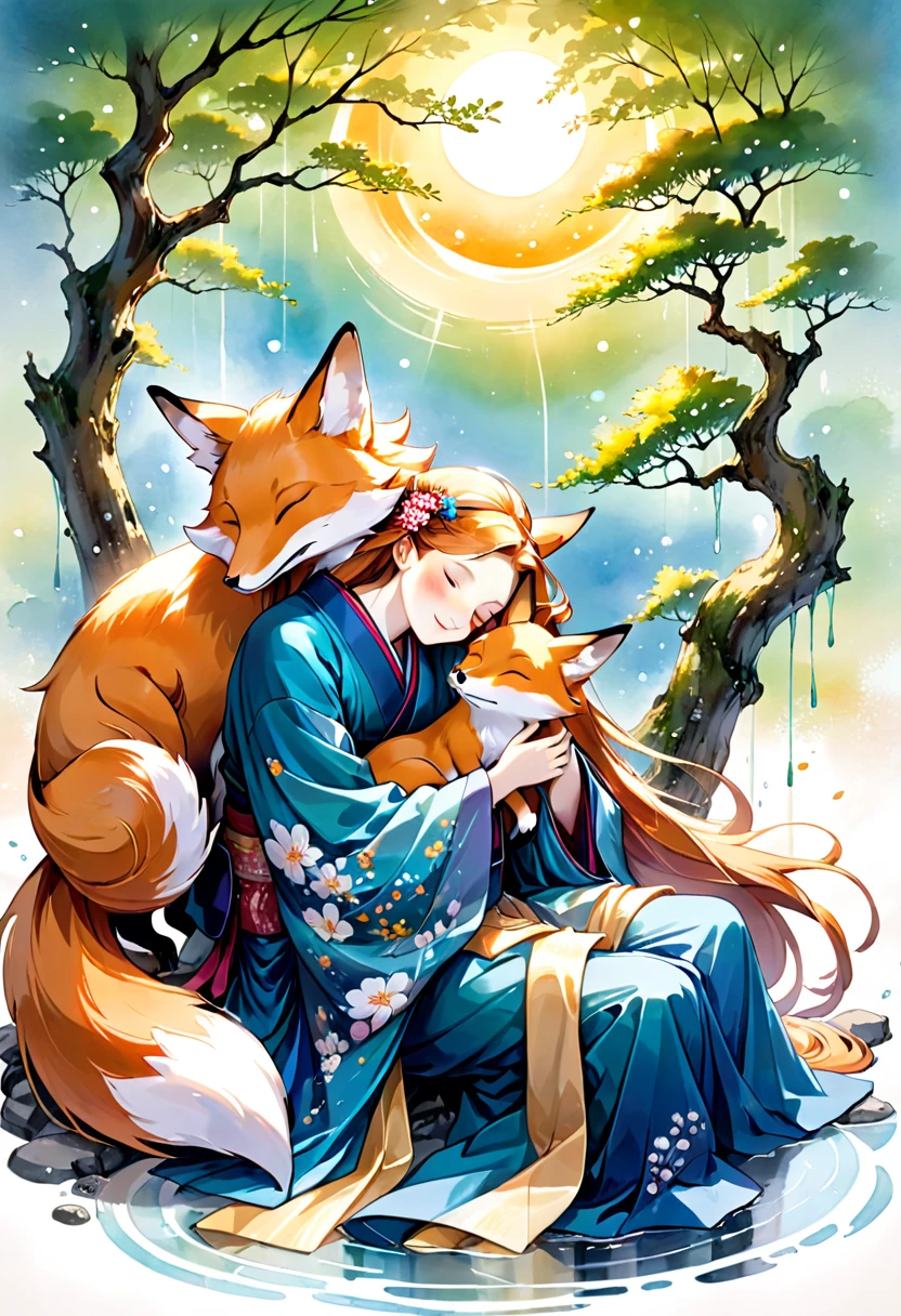 best quality, super fine, 16k, 2.5D, delicate and dynamic depiction, fox spirit stroking the head of sleeping on his lap, gentle loving smile, effects wrapped in soft colors and light, fusion of watercolors and oil paintings, calligraphy, ink, shading, gradation, Japanese paper quality