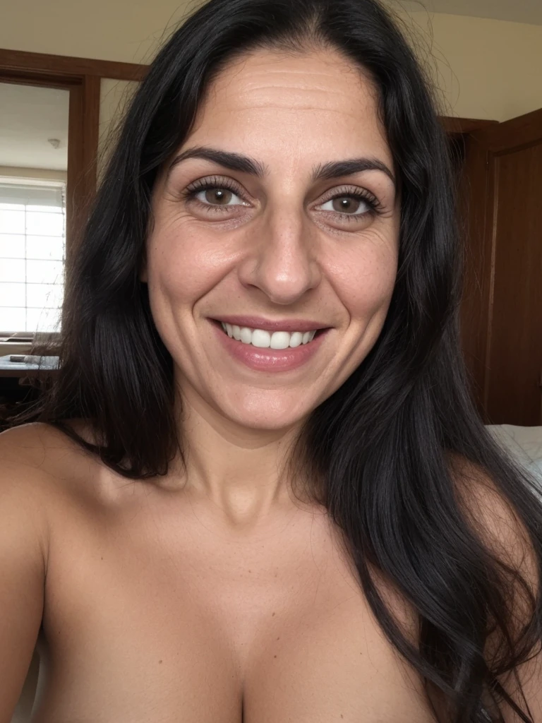 her name is Fatima, a middle-aged Syrian woman, (((snub nose))), (30 years old), (wrinkles), 1girl, solo, (black long hair), smile, nude and naked inside wardbrode, close up selfie shot