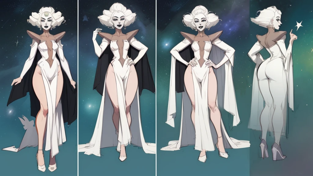 ((masterpiece)),(((best quality))),((character design sheet)),((rough sketch)),((vulgar))Witdim,black lips,white hair,pointy hair,forehead jewel,floating hair,pale skin,grey eyes,+ +,
white robes,cape,shoulder pads,
standing, evil smile,
solo,stars,space,
(insanely detailed, beautiful detailed face,beautiful detailed eyes,