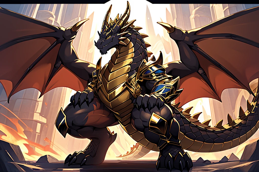 (The tyrannical and powerful Dark Gold Dragon King,Wearing modern black and gold armor,Inlaid with dark gold gemstones:200),Strong physique的龙形恶魔,(Large dragon body,Huge chest,Majestic wingspan,Sharp and huge dragon claws,Thick iron tail,Sharp dragon scales,The huge dark gold dragon king:2),Strong physique,(Dark gold scales,Mighty dragon-shaped demon:2),Dragon legs apart,Dragon wings unfold,The dragon's claws open,Excited grin,Huge mount,Overwhelming presence,Full body picture,Very detailed,4k HD