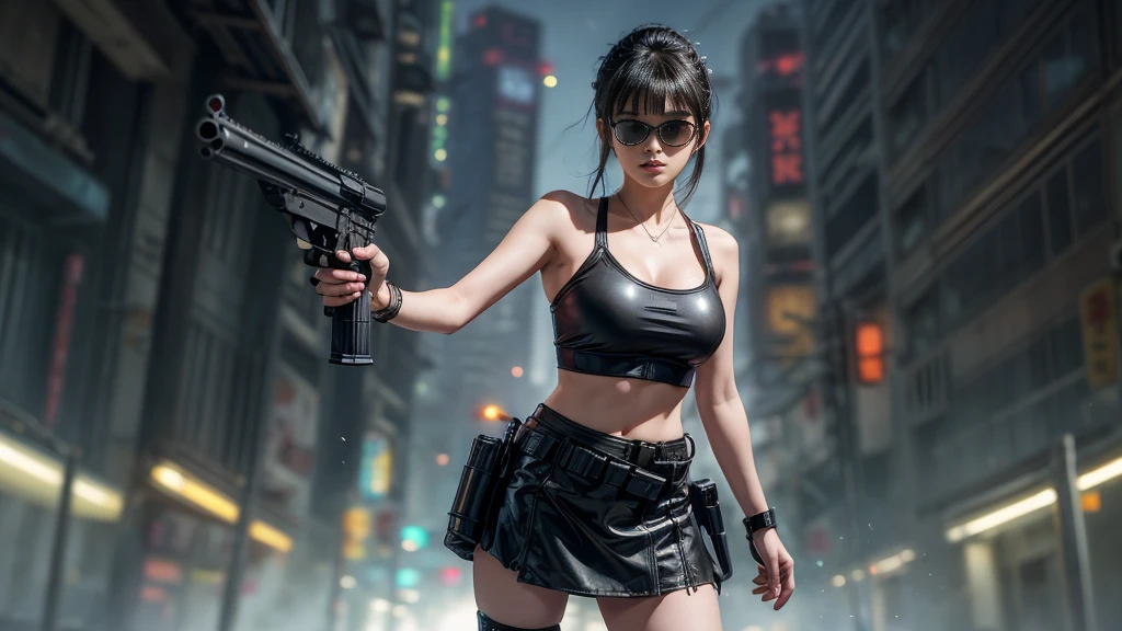 8k, Realistic Skin Texture, Realistic Photo, Neo Tokyo, slim Japanese women, large-breast:1.3 cleavage:1.2, AD2050 at night, Dirty hunting jacket, Wearing tube top, miniskirt, (((black sunglasses, automatic rifle, sneakers, cold, shooting pose, low angle view))), Innovative composition, revenge, cyberpunk, blade runner worldview, Large neon sign, Geisha hologram sign, Strong Wakamoto Sign.