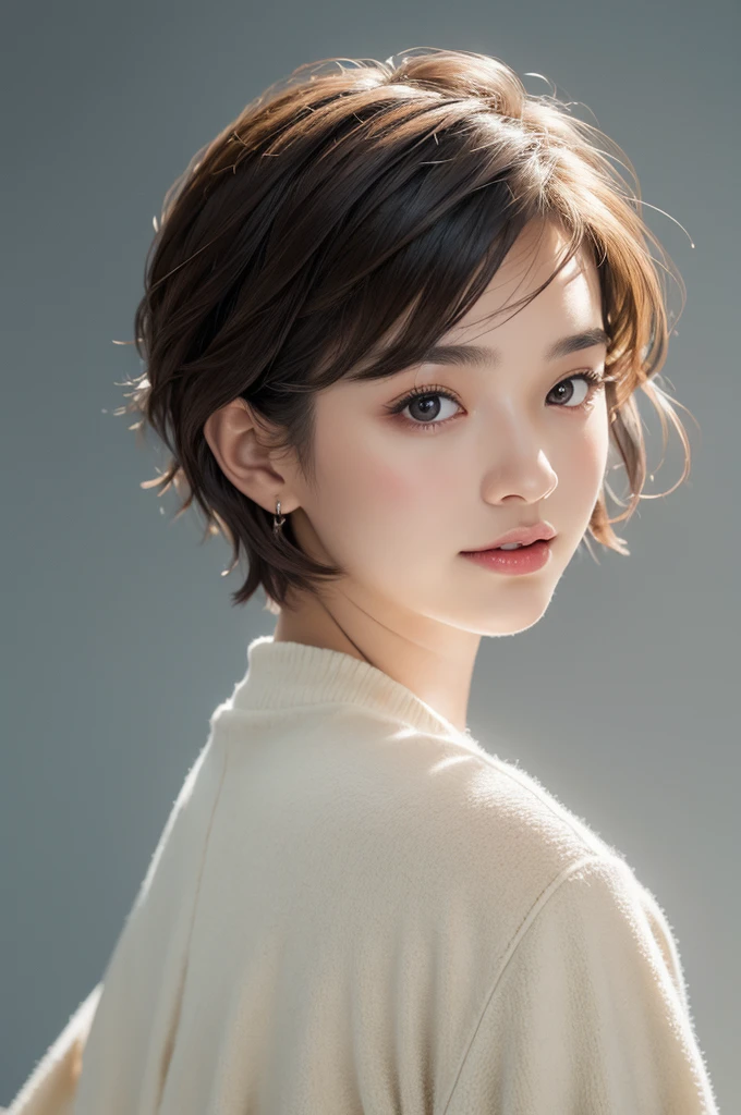 realistic light,natural light,white background,최고 quality、8 thousand、32,000、masterpiece、uhd:1.2) quality, primitive photorealism, laugh, Beautiful girl, cute, Short hair, depth of field, high resolution, ultra detail, Highly detailed eyes and face,small eyes,Short hair,short cut,short hair,Ivory Jacket