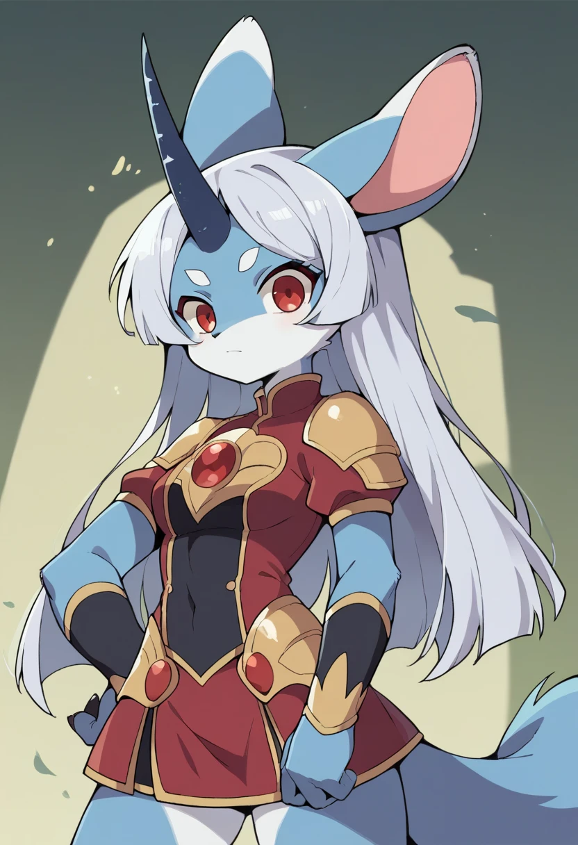 ((masterpiece)), (Highest quality))), 1人のgirl,(Big animal ears,White and blue fur,), whole body, Silver Hair, Eyes Hair, Beautiful red eyes,One horn on the forehead, Princess Cut, Short skirt,Shyness, woman, girl,Black and red armor dress, furry girl,アルミサージのgirl, (simple 戻るground, white 戻るground: 1.3) ( masterpiece:1.2), (Highest quality:1.3),Possession of a sword,Have a conversation,Deserted park,Character portrait,whole body絵,Strike a Pose,Black and gold sword