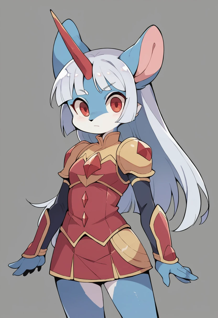 ((masterpiece)), (Highest quality))), 1人のgirl,(Big animal ears,White and blue fur,), whole body, Silver Hair, Eyes Hair, Beautiful red eyes,One horn on the forehead, Princess Cut, Short skirt,Shyness, woman, girl,Black and red armor dress, furry girl,アルミサージのgirl, (simple 戻るground, white 戻るground: 1.3) ( masterpiece:1.2), (Highest quality:1.3),Possession of a sword,Have a conversation,Deserted park,Character portrait,whole body絵,Strike a Pose,Black and gold sword
